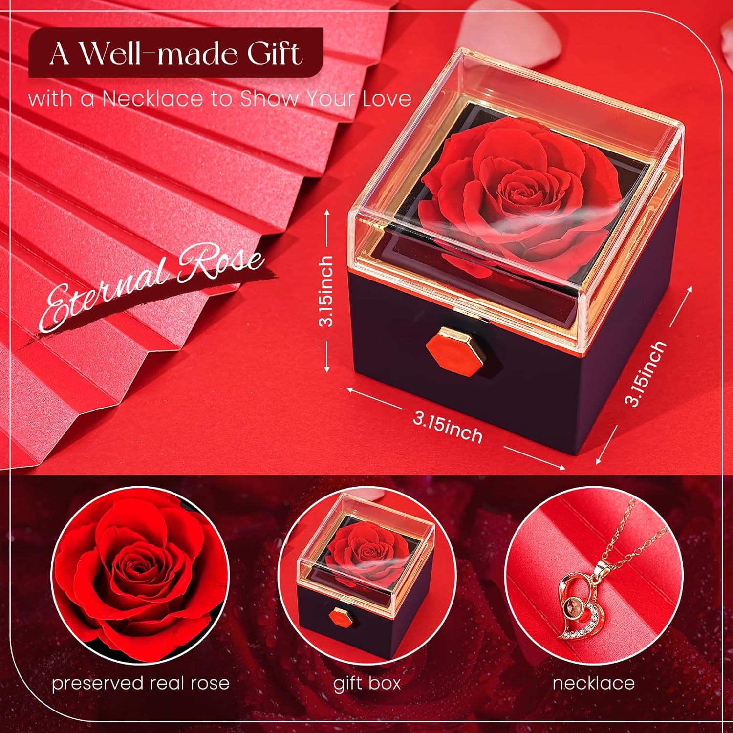 Rotate Rose Box Preserved with I Love You Necklace